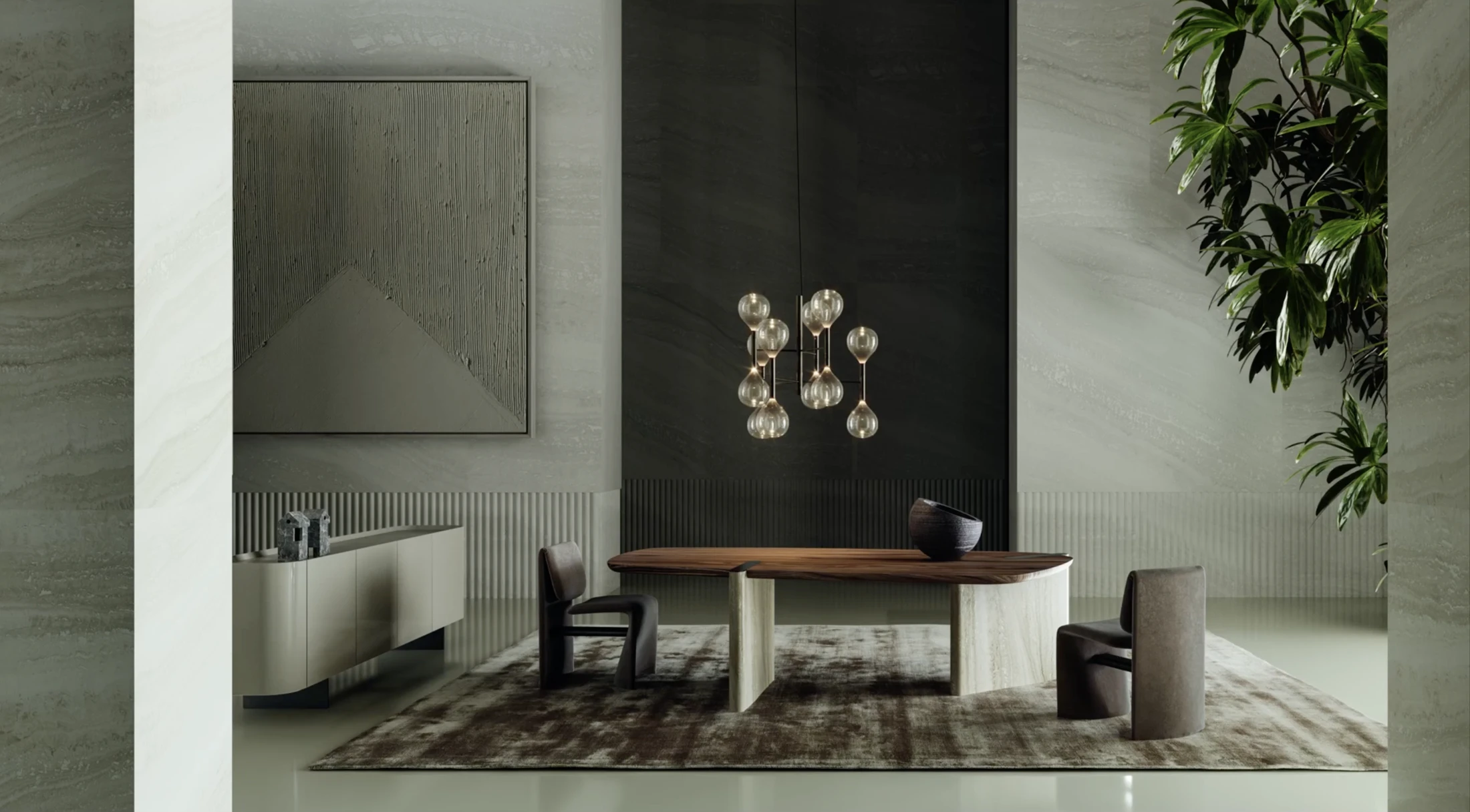 Ambiente Bonaldo con tavolo e sedute, materiali naturali e luce soffusa